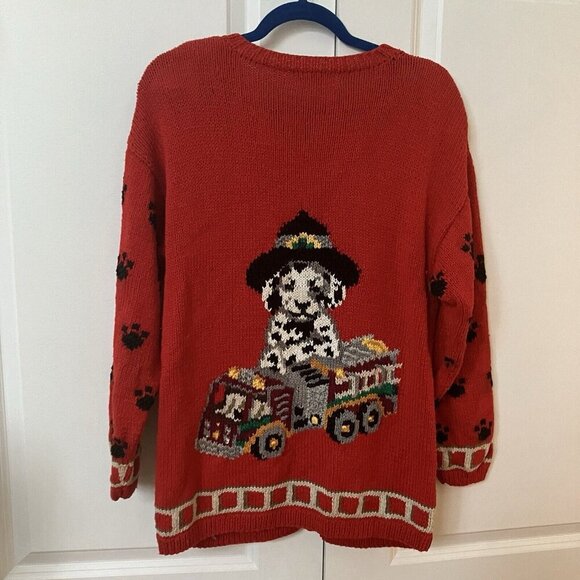 Vintage Feeling Handknit Cardigan Womens S Dalmation Firetruck Sweater Red Ramie - Picture 3 of 7